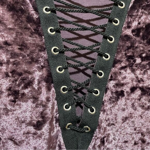 Dark Purple Whimsygoth Velvet Lace-Up V-neck Cut Out Micro Mini Dress - Picture 5 of 11